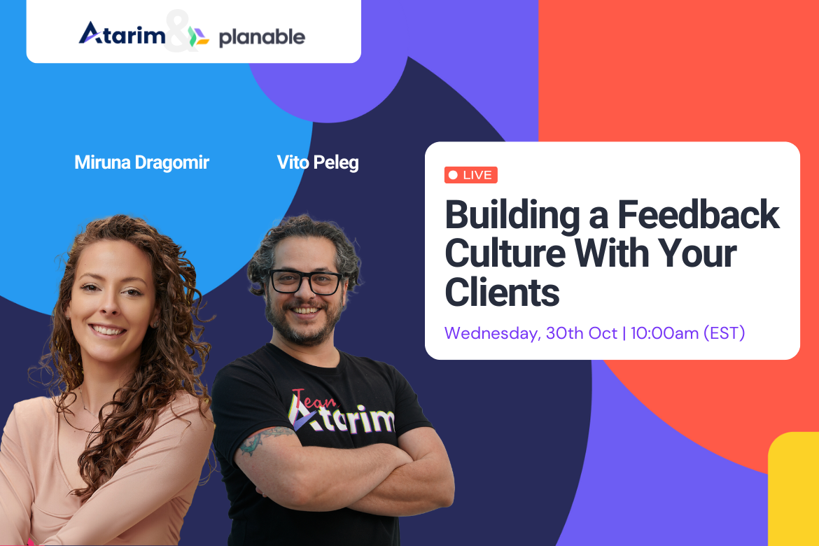 Atarim Webinar banner on building a design feedback culture.