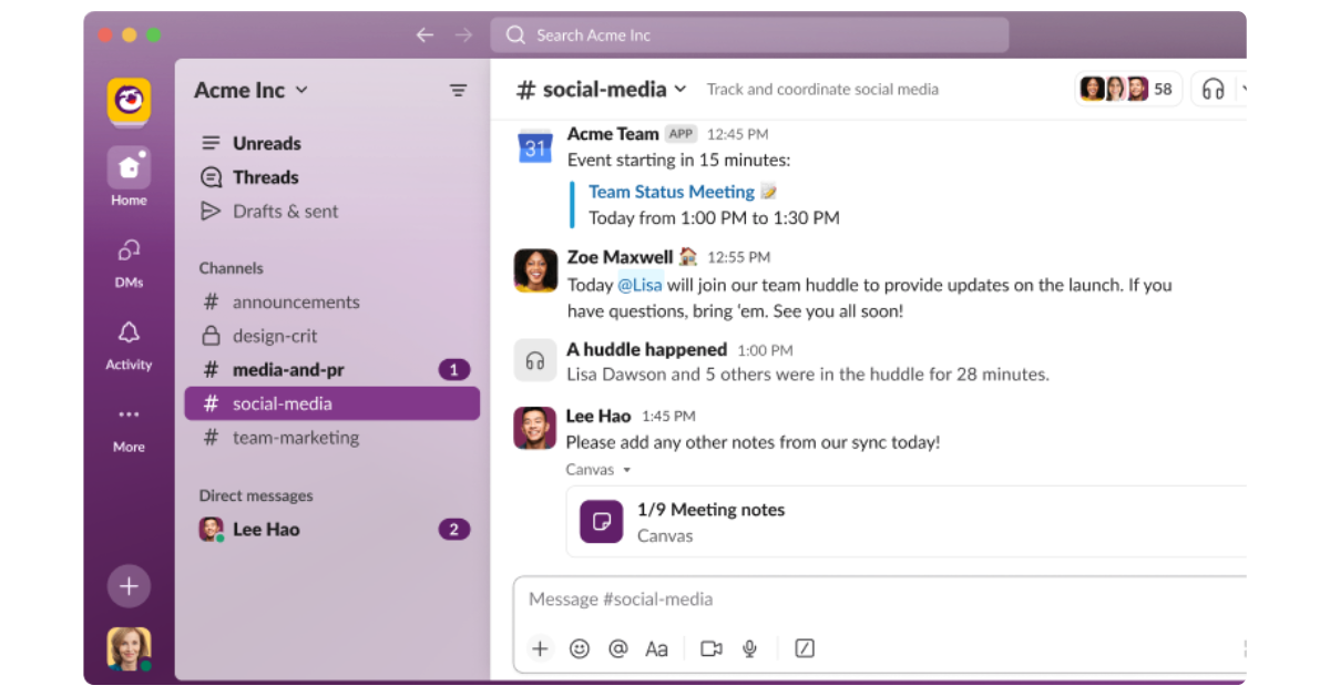 Slack communication and productivity tool for development teams with organized project channels